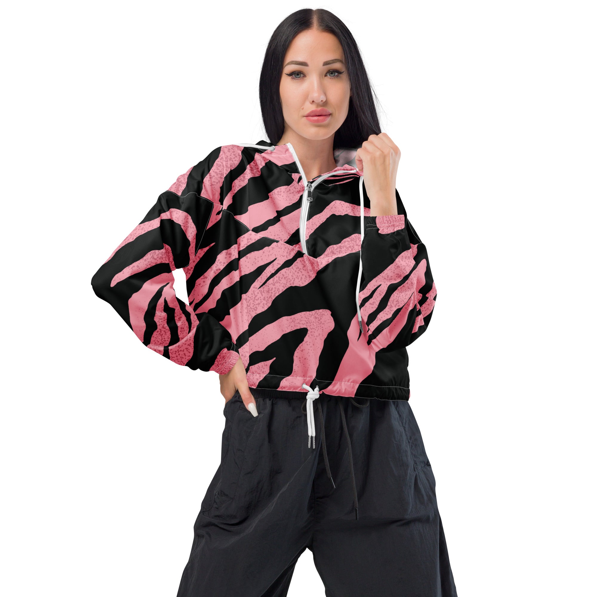 Rebel Eye Women’s pink and black cropped windbreaker,  Gifts for her, , Embroidered Techno Crop Windbreaker, cropped pullover